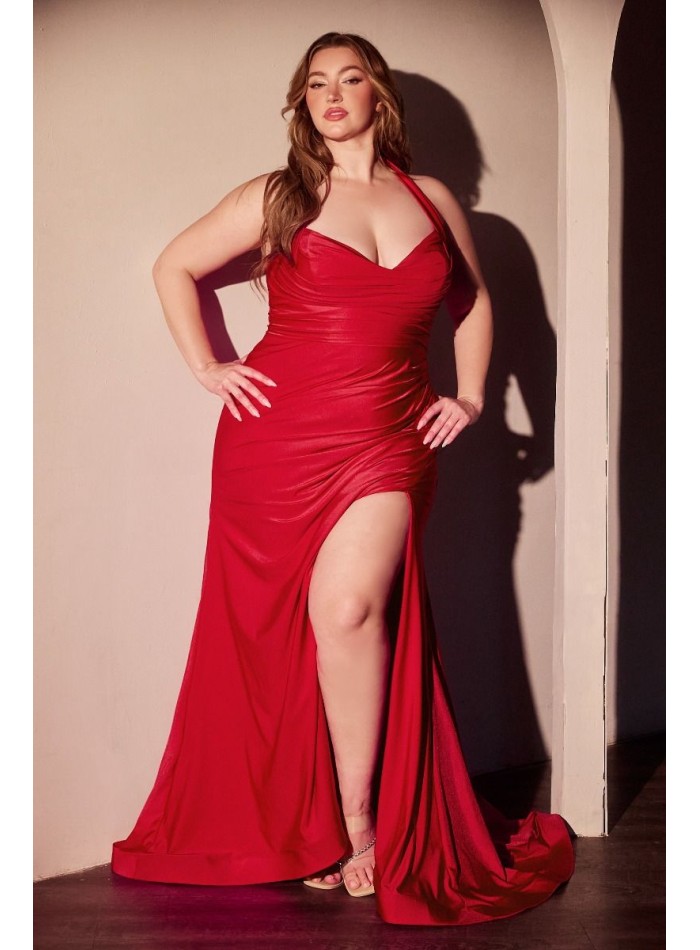 Plus Size Prom Dress with Halter Neckline and Slit