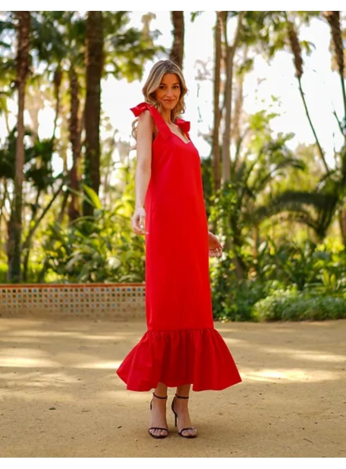 Red midi dress with lacing and ruffle on skirt