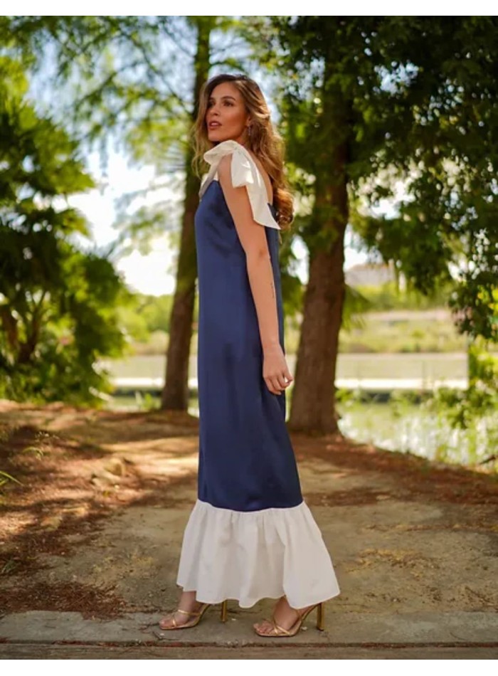 Two-tone navy blue midi dress with bows and ruffles