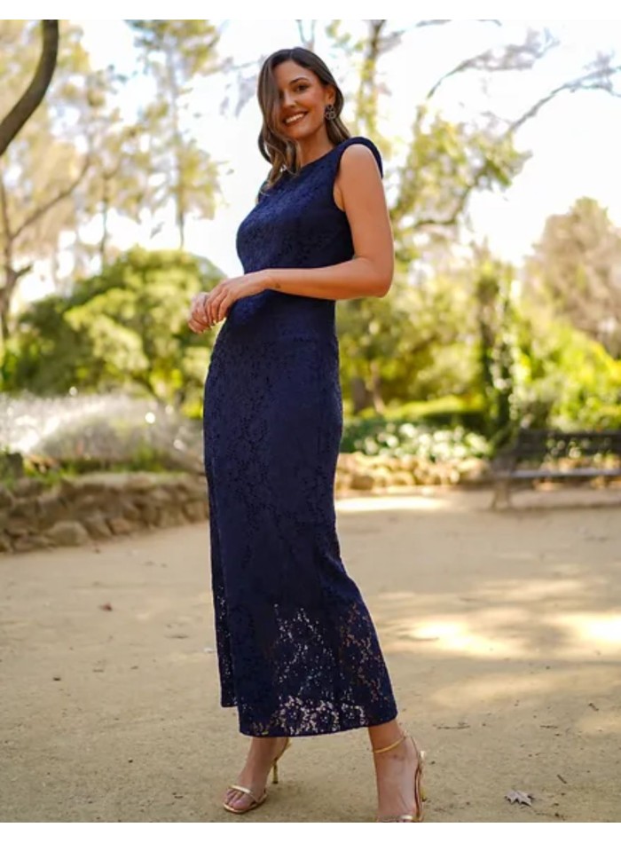 Navy blue midi dress with shoulder pads