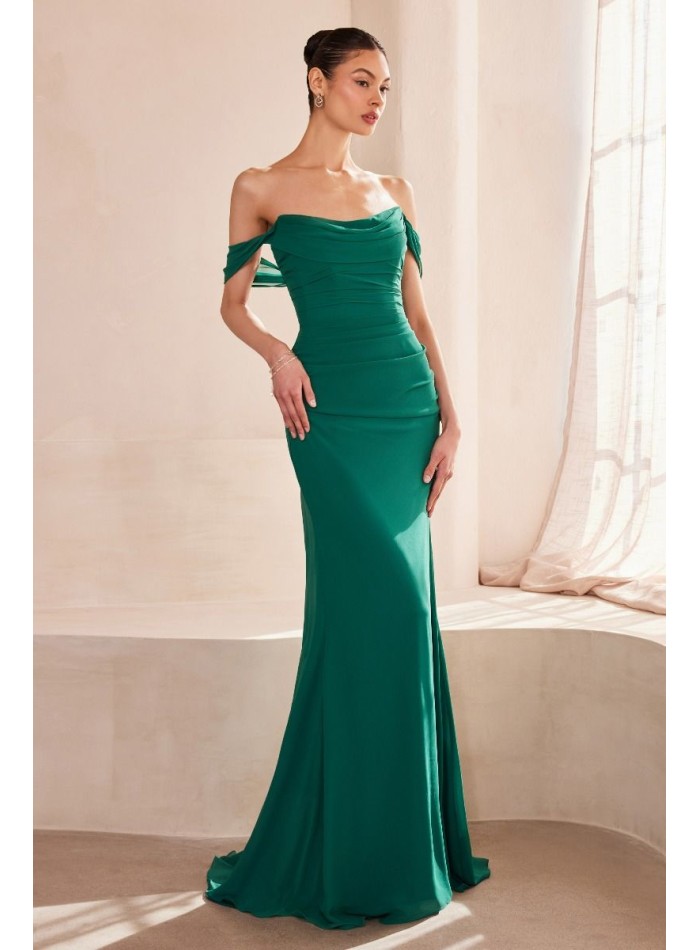 Long gown with draped bandeau neckline