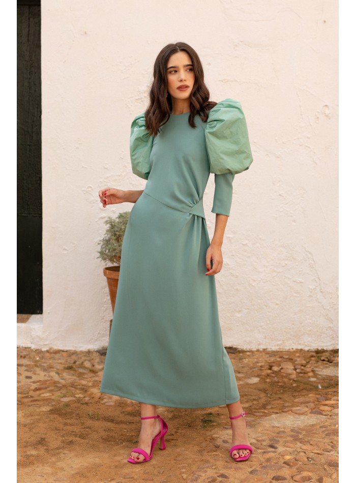 Mint green draped midi dress with long puffed sleeves