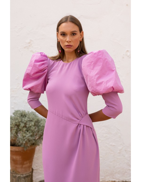 Robe de soirée midi lilas à manches longues bouffantes 2