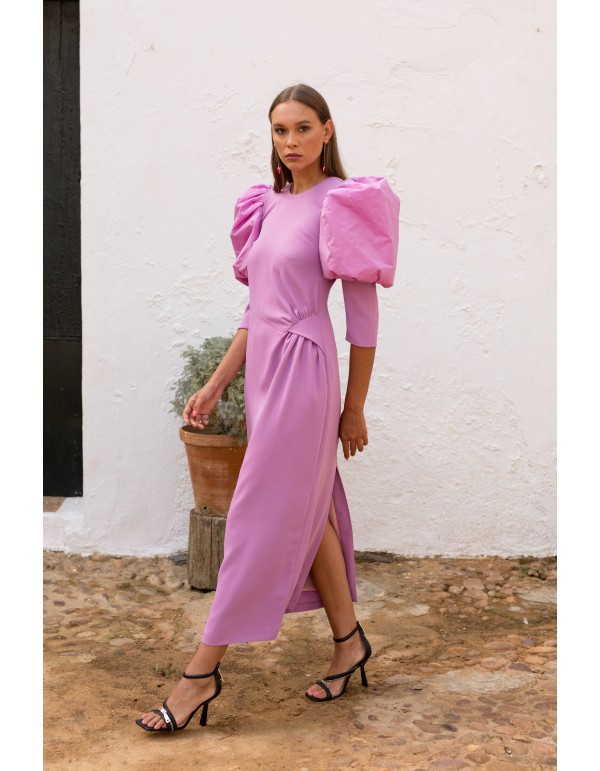 Robe de soirée midi lilas à manches longues bouffantes