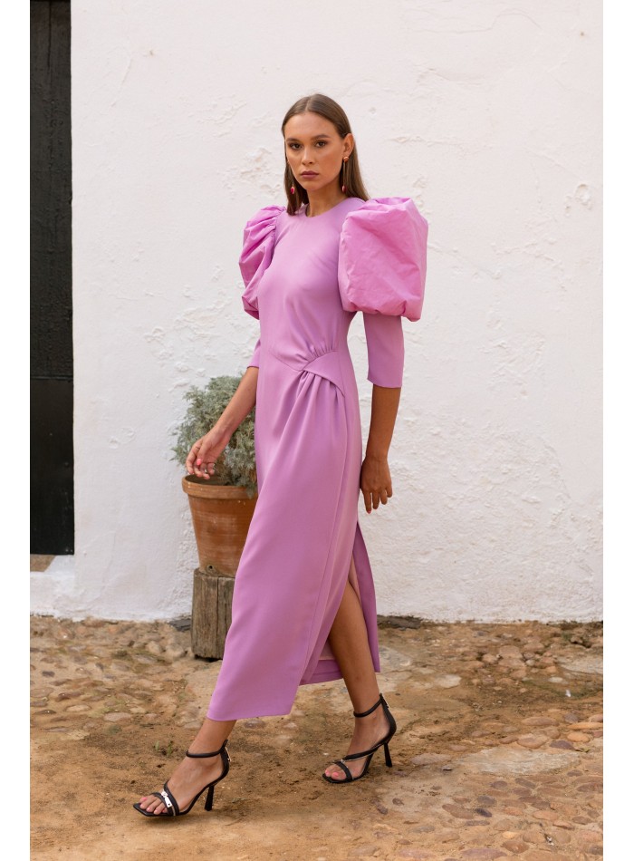 Lilac midi party dress with long puffed sleeves