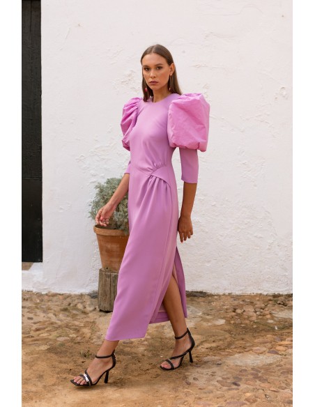 Lilac midi party dress with long puffed sleeves