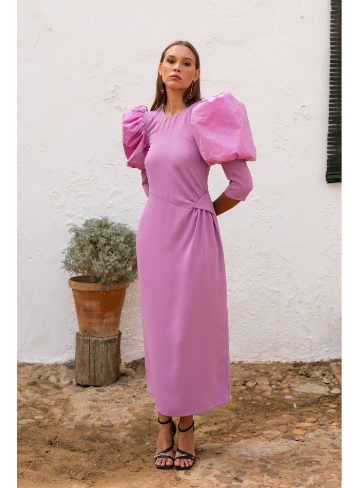 Lilac midi party dress with long puffed sleeves