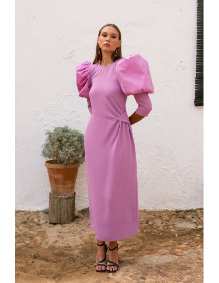 Lilac midi party dress with long puffed sleeves
