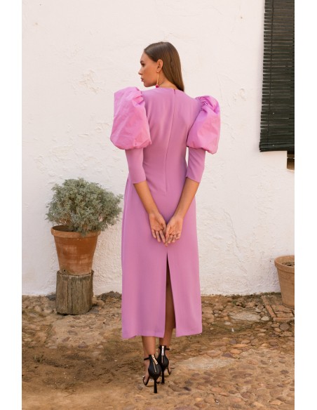 Lilac midi party dress with long puffed sleeves