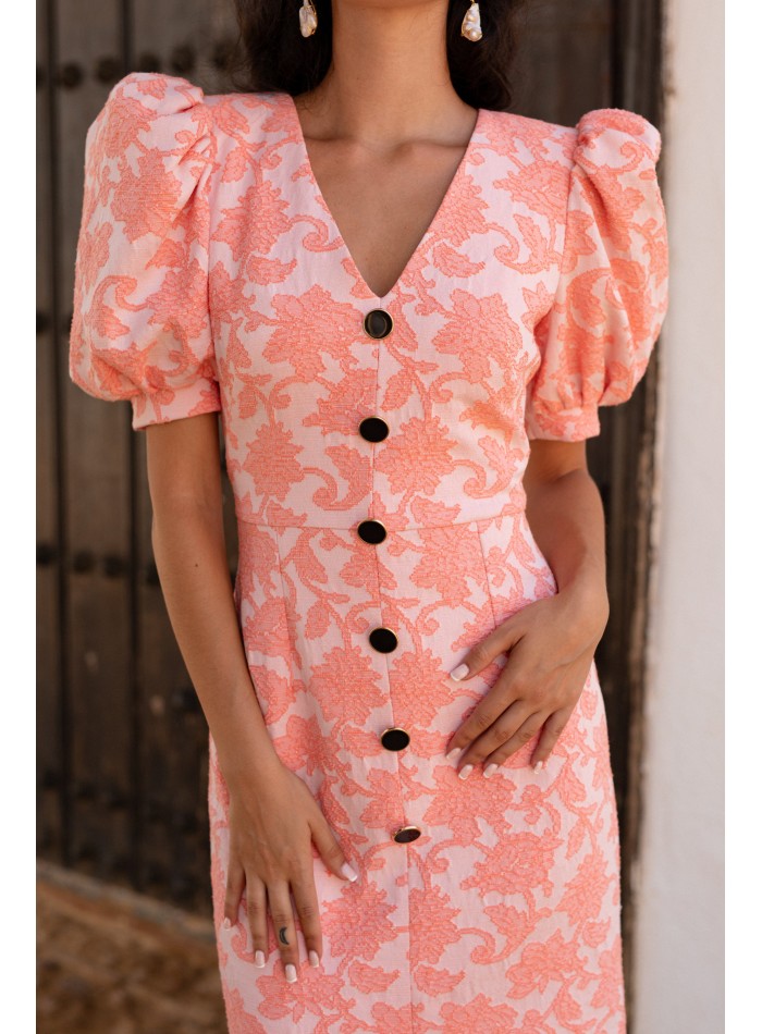 Salmon jacquard floral cocktail dress