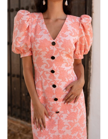 Salmon jacquard floral cocktail dress