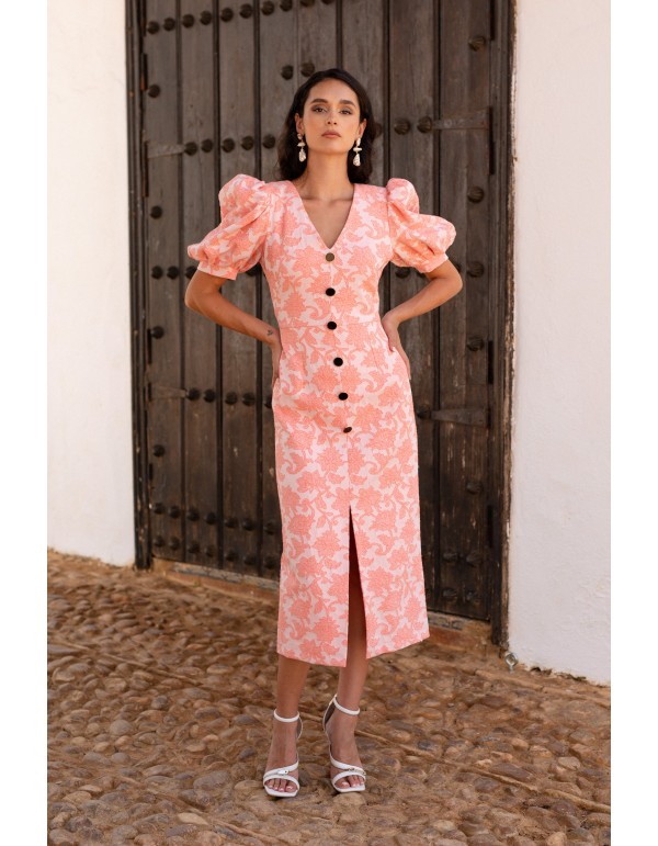 Robe de cocktail en jacquard floral saumoné 2