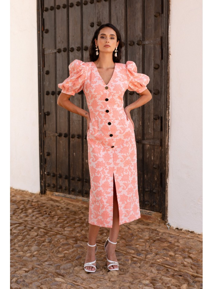 Salmon jacquard floral cocktail dress