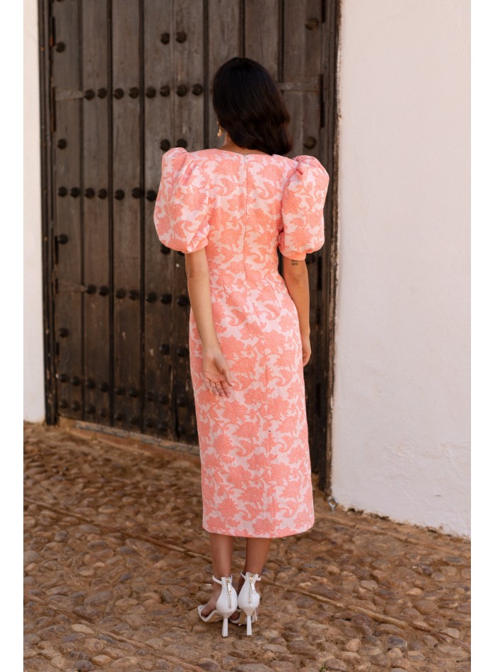 Salmon jacquard floral cocktail dress