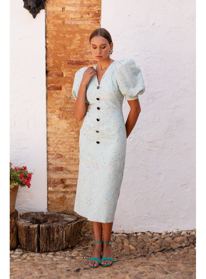 Robe de cocktail imprimée à manches courtes bouffantes