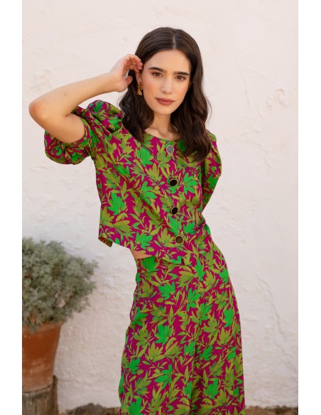 Conjunto dos piezas top y pantalón ancho estampado para invitadas