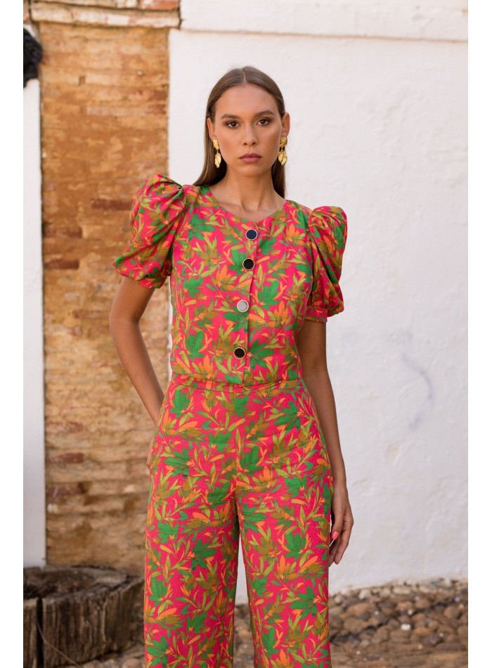 Conjunto top y pantalón estampado floral para invitada boda