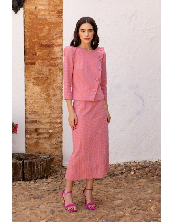 Conjunto top y falda rosa vichy de manga larga