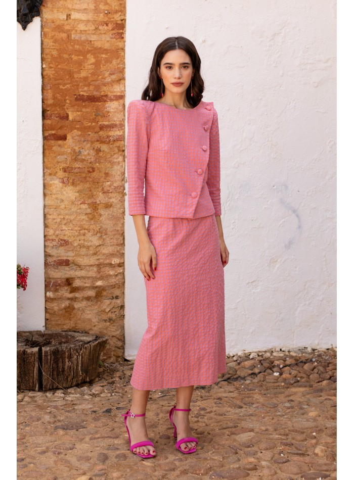 Pink vichy top and skirt set with long sleeves