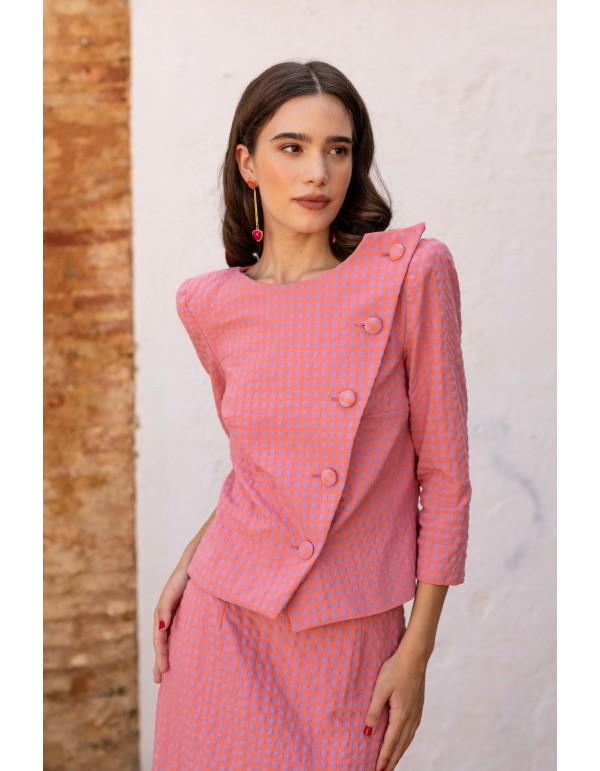 Conjunto top y falda rosa vichy de manga larga 2