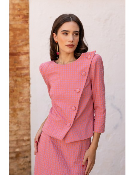 Conjunto top y falda rosa vichy de manga larga para eventos
