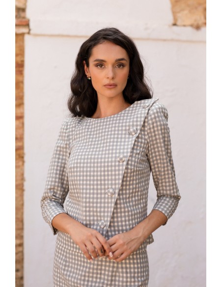 Two-piece gray vichy long-sleeved ensemble