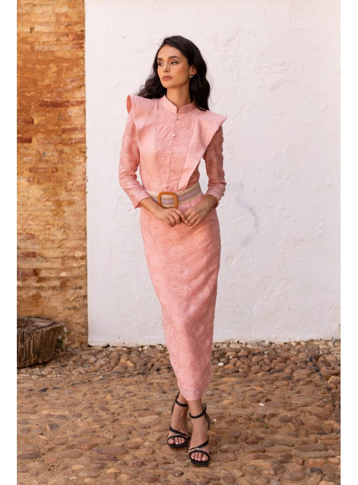 Floral lace pink midi guest dress