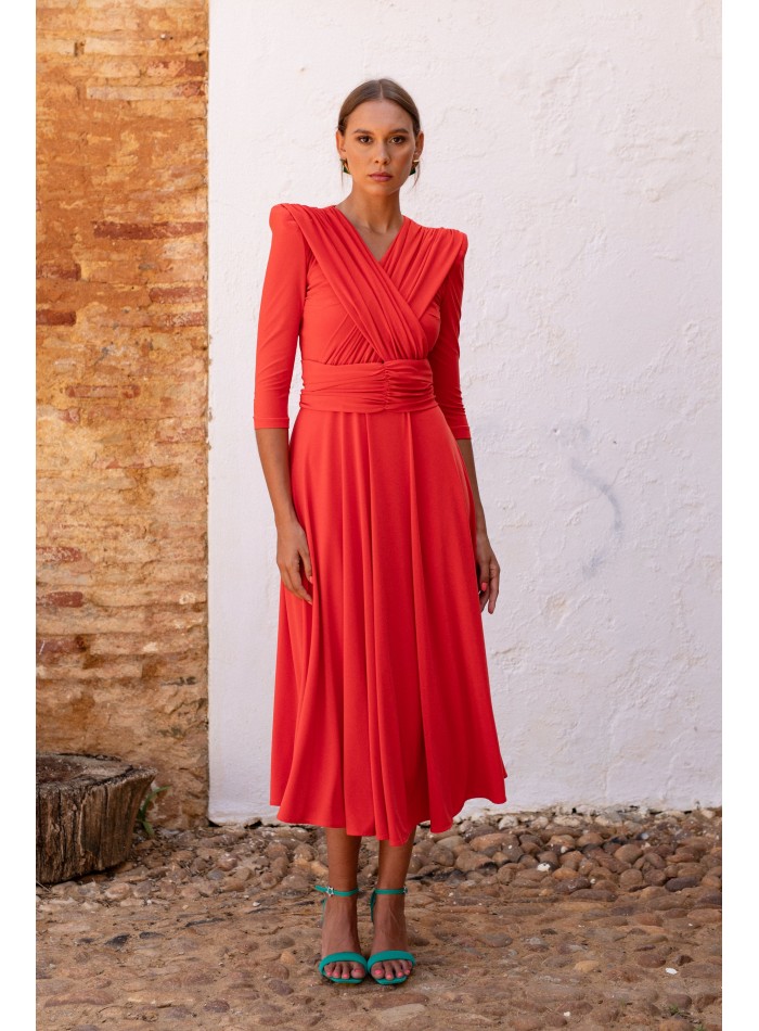 Orange midi guest dress with crossover neckline