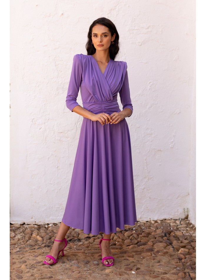 Mauve knitted midi dress with draped bodice