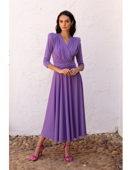 Robe midi en maille mauve avec corsage drapé