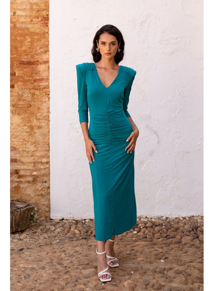 Robe d'invité midi verte avec dos en cascade