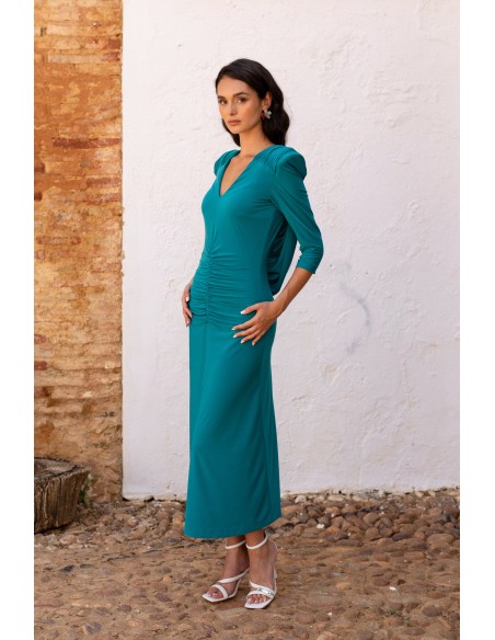 Robe d'invité midi verte avec dos en cascade