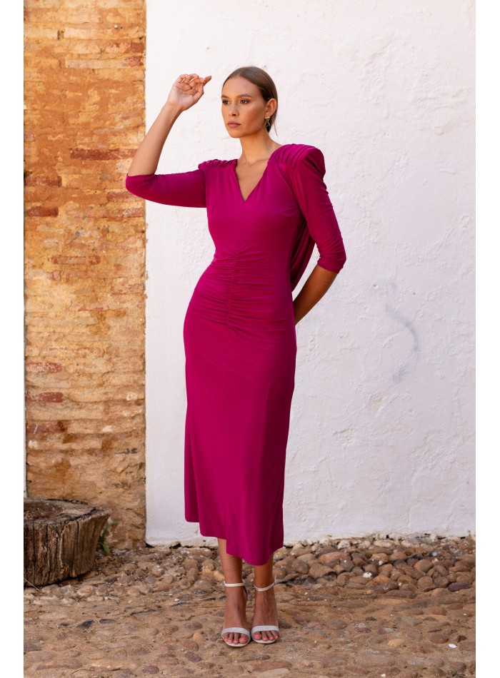 Vestido midi de punto morado con espalda drapeada