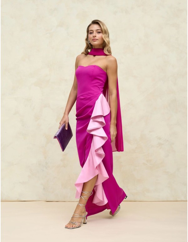 Vestido largo palabra de honor con volante en lateral