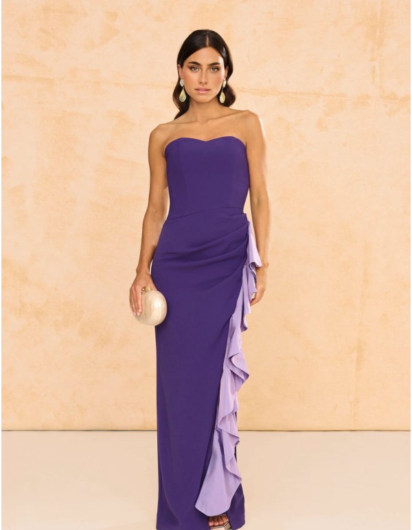 Vestido largo palabra de honor con volante en lateral