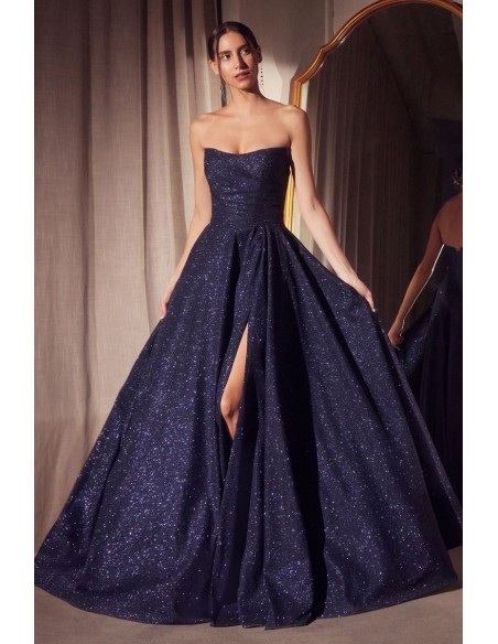 Strapless long gown with shiny fabric