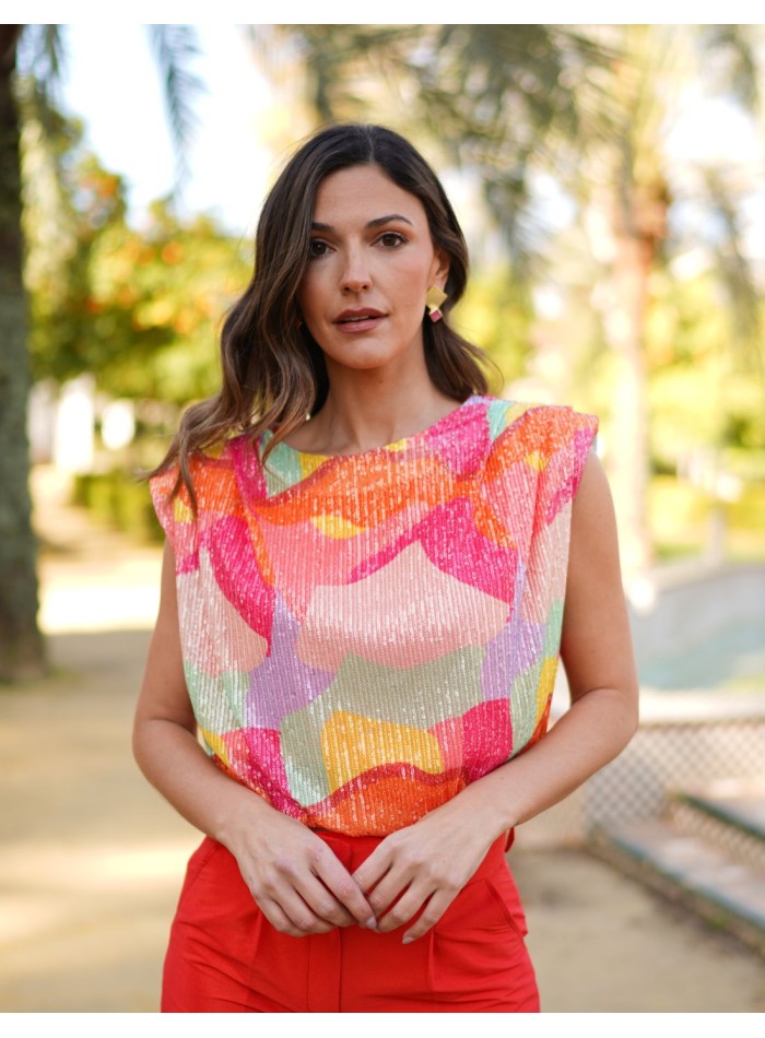 Multicolor party top with sequins and shoulder pads