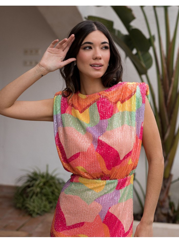 Robe midi multicolore avec paillettes et...