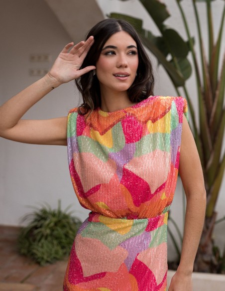 Multicolor midi dress with sequins and shoulder pads