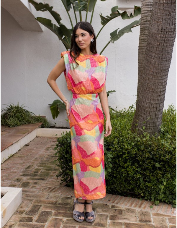 Multicolor midi dress with sequins and shoulder pads