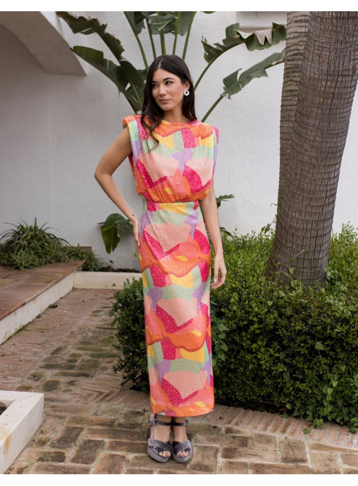 Multicolor midi dress with sequins and shoulder pads