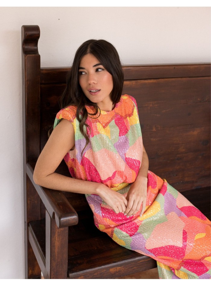 Robe midi multicolore avec paillettes et...