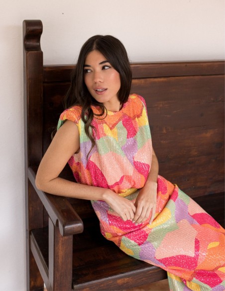 Robe midi multicolore avec paillettes et épaulettes