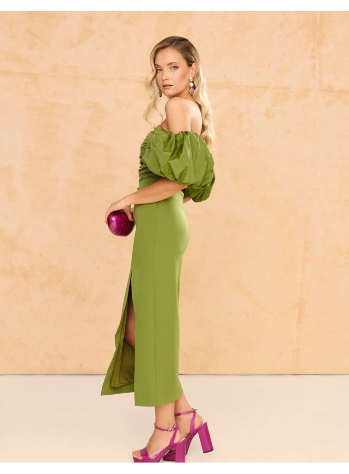 Vestido midi con escote palabra de honor y mangas abullonadas desmontables color verde oliva