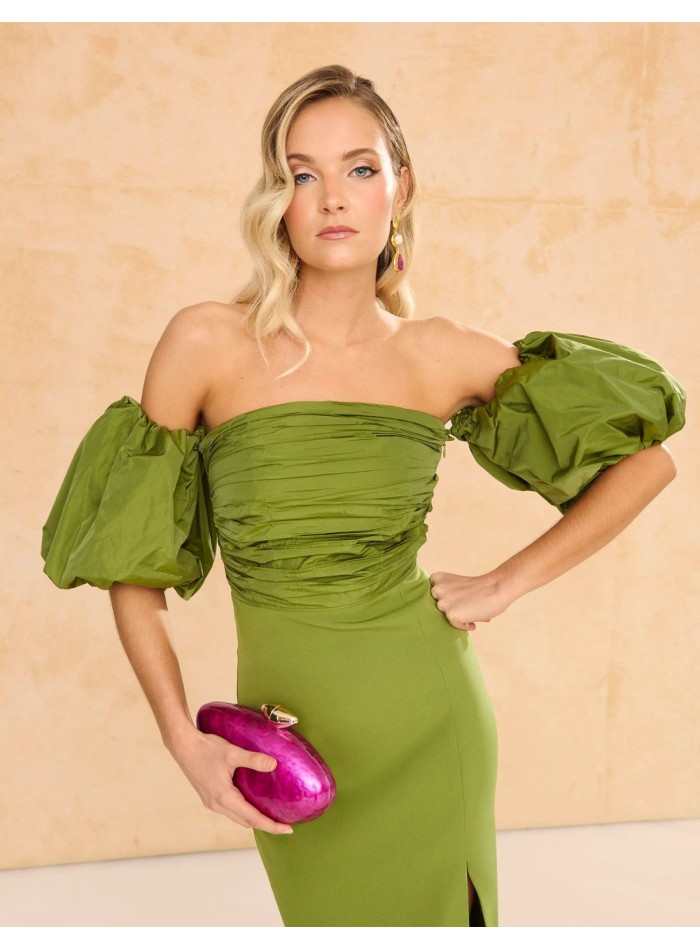 Strapless midi dress with detachable puffed sleeves and strapless neckline