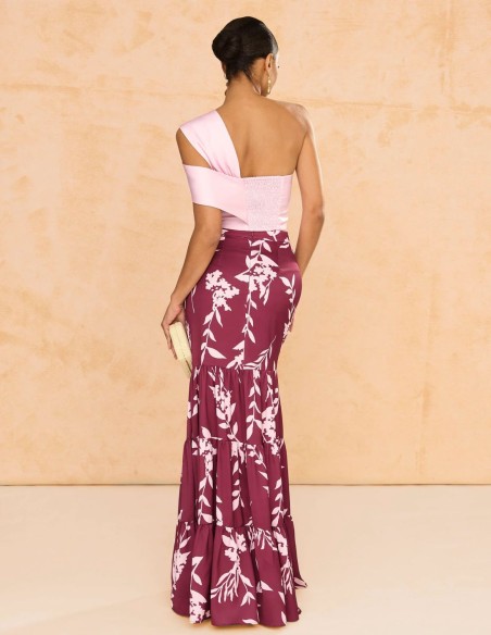 Top de fiesta asimétrico satinado rosa