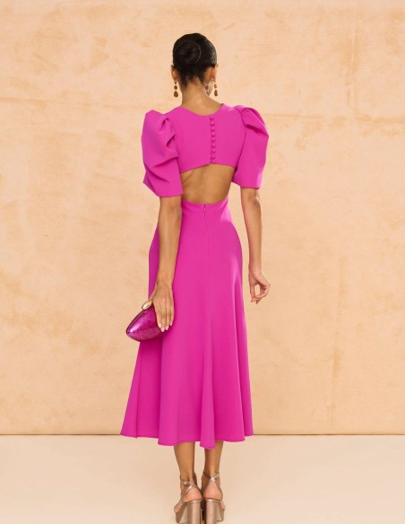 Robe de soirée midi avec manches bouffantes et dos ouvert