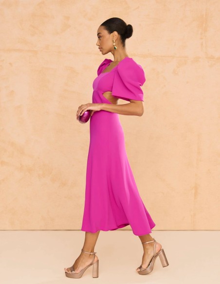 Midi party dress with puffed sleeves and open back