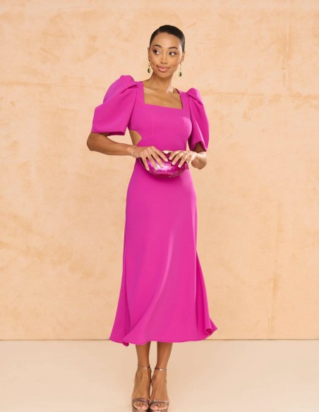 Robe de soirée midi avec manches bouffantes et dos ouvert