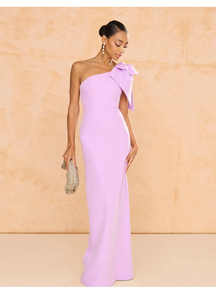 Long guest dress with asymmetrical neckline and maxi bow